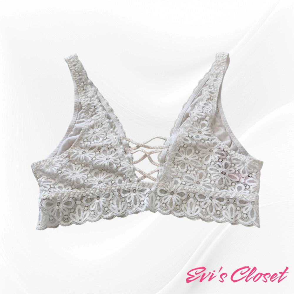 Victoria’s Secret Lace Up Floral Daisy Lace Bra Ivory Wireless Plunge Sz L